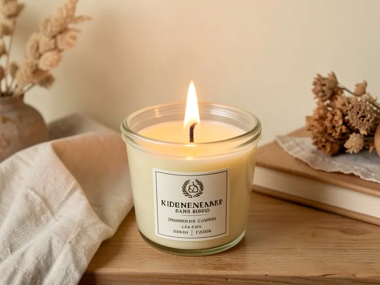 The same candle lit, on a wooden shelf with linen, dried flowers and a book, with a paper label on the jar