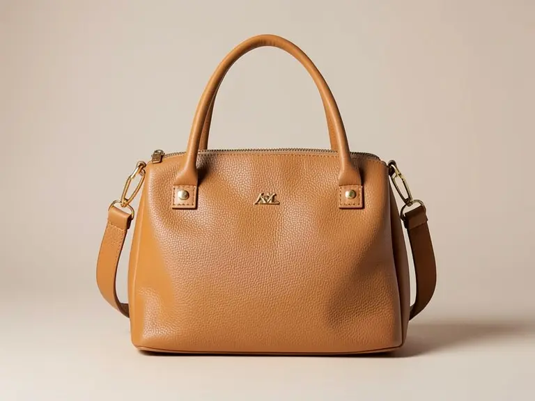 The tan handbag standing upright with top handles and a shoulder strap against a plain warm studio wall