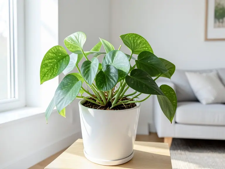 The pothos in a white pot on a light wood stool in a bright living room corner with a sofa behind