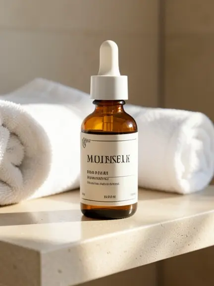 The same dropper bottle on a pale stone shelf beside rolled white towels with soft light