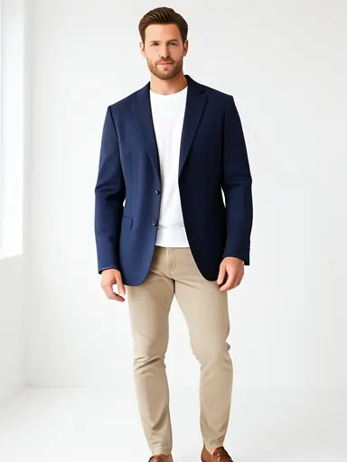 The same blazer on a male model, casual: the AI result