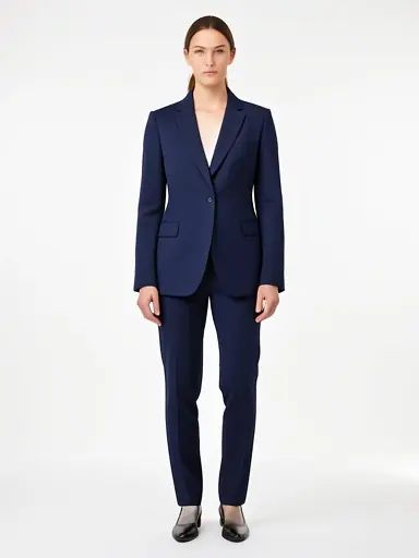 Navy blazer on a studio model: the AI result
