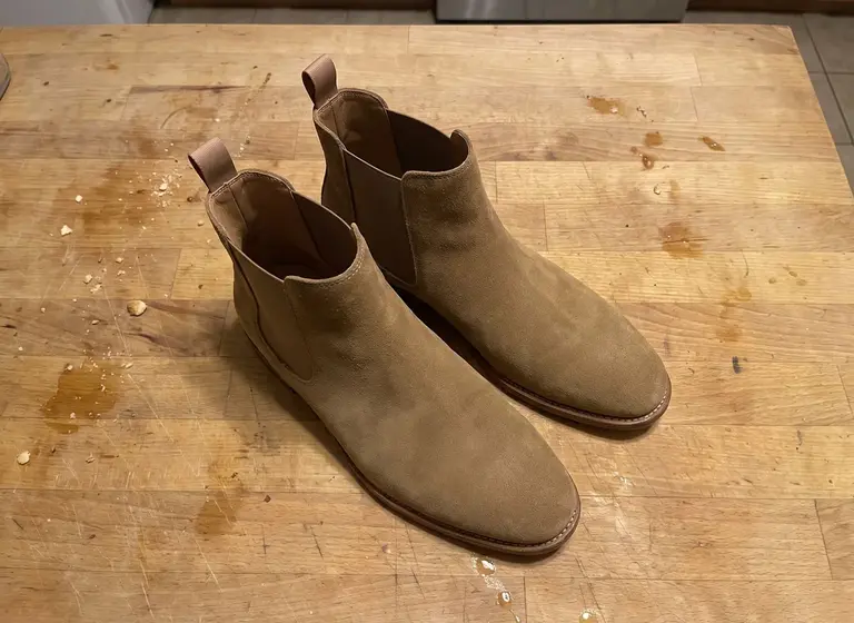 In-scene: suede boots on a forest path: the original photo