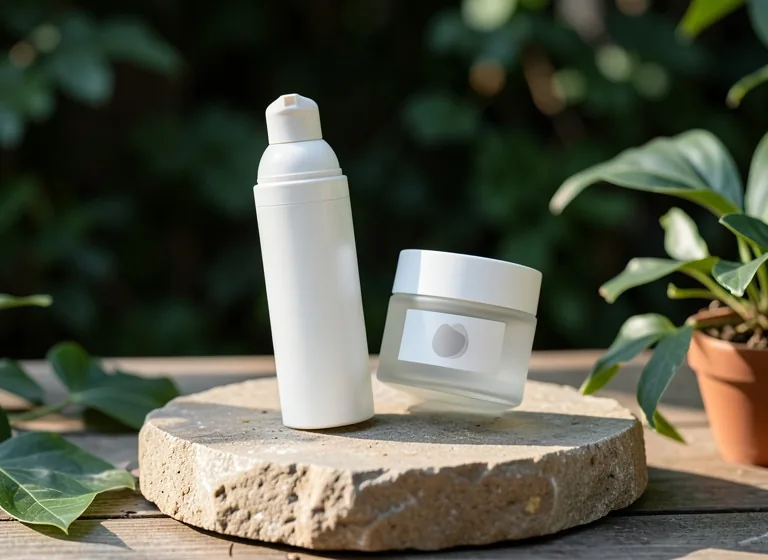 Skincare bottle and jar to a styled scene: the AI result
