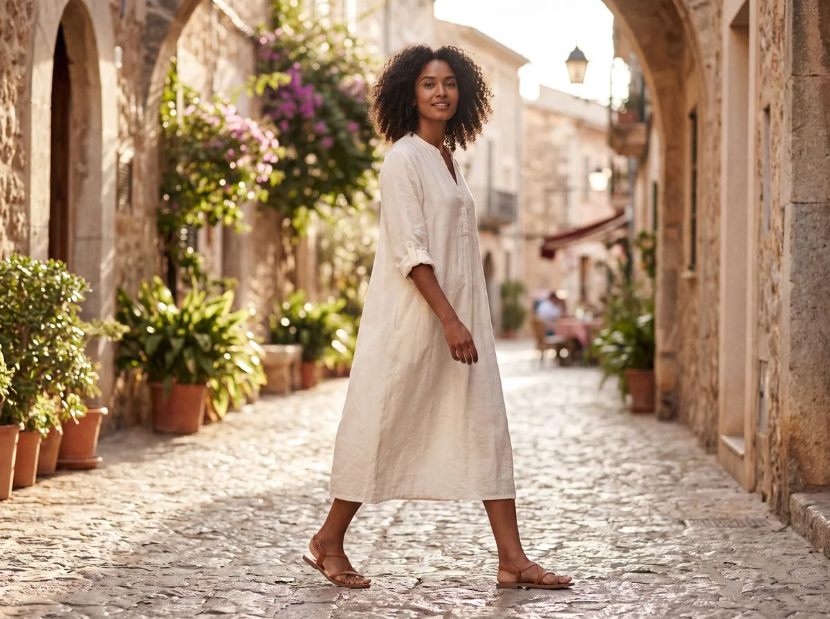 AI fashion model wearing an ivory linen dress