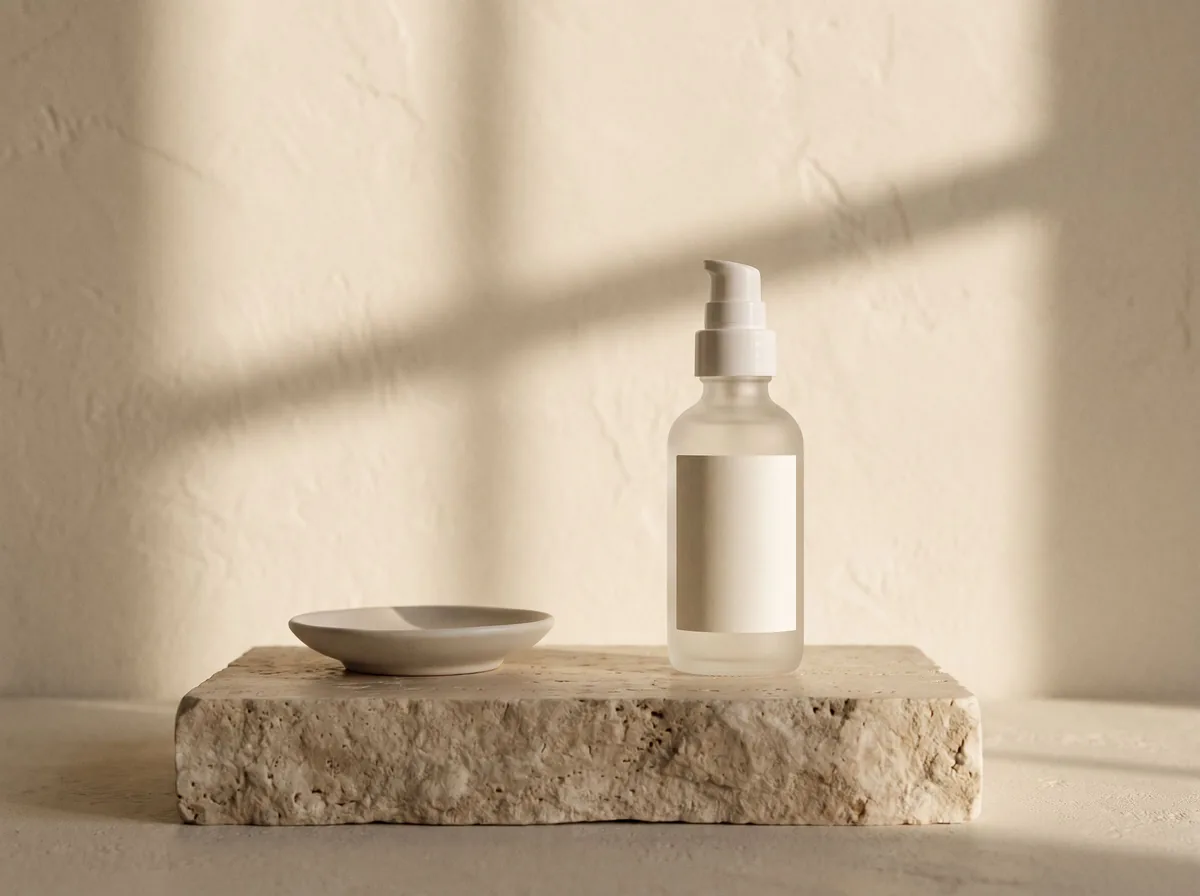 Skincare bottle on a travertine plinth, AI product photo